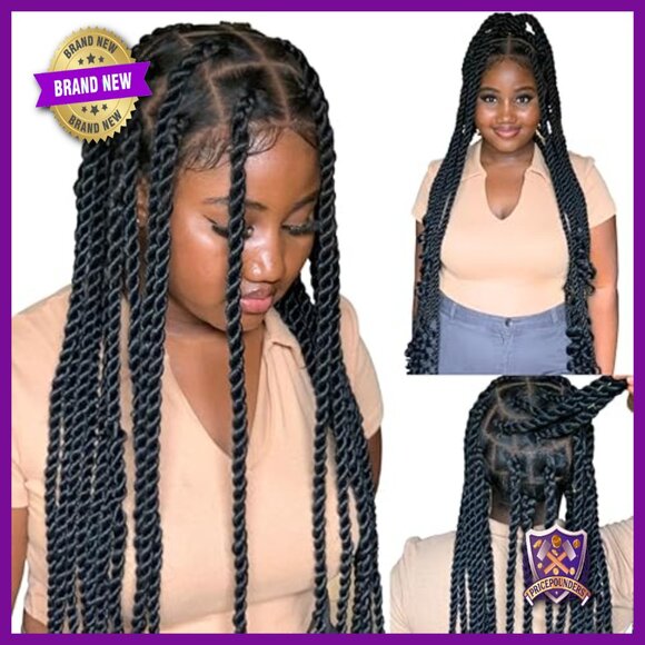 Accessories - 36" Full Lace Knotless Jumbo Twist Braided Wig, Synthetic, Pre-Plucked